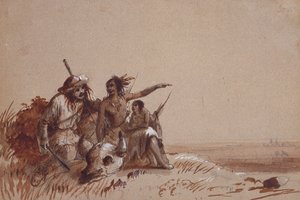 Kansas Indiaan vertelt een jager door middel van tekens over de migratie van buffels, c.1837 door Alfred Jacob Miller