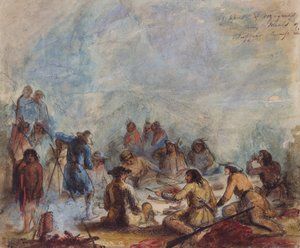 Zonsopgang, Trappers en Reizigers bij hun Maaltijd van Buffelrib, c.1837 door Alfred Jacob Miller