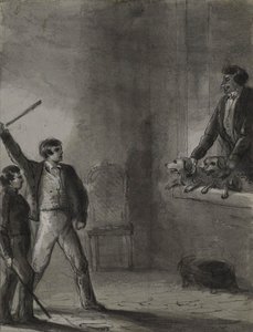 Twee jongens met opgeheven stokken terwijl een man en honden uit een raam kijken door Alfred Jacob Miller