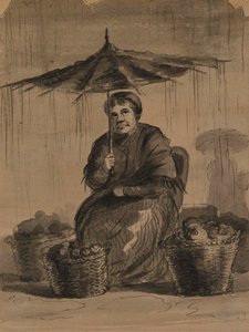 Vrouw onder een paraplu op een markt door Alfred Jacob Miller