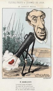 Le Bean rouge: karikatuur door Victor Schoelcher vertegenwoordigt in de trein van Peter een boon (scheet) - ill. van 16/02/1871 door Alfred Le Petit, in “Bloemen, Fruit en Groenten van de Dag” door Alfred Le Petit