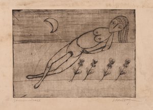 Halve maan, bloemen en vrouwelijk naakt (ets en aquatint op papier) door Alfred Lomnitz