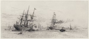 Schepen op de Mersey door Alfred Louis Brunet Debaines