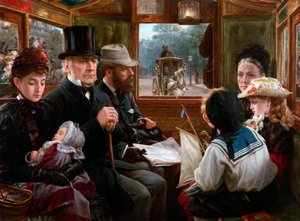 Een busrit naar Piccadilly Circus Mr Gladstone reist met gewone passagiers, 1885 door Alfred Morgan