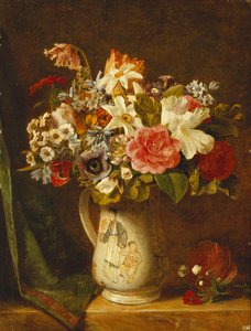 Rozen, narcissen en andere bloemen in een vaas door Alfred Morgan