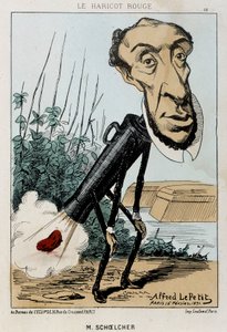 Le Bean rouge: karikatuur van Victor Schoelcher afgebeeld in de trein van Peter een boon (scheet) - ill. van 16/02/1871 in "Fleurs, Fruits et Vegetables du Jour" door Alfred Petit