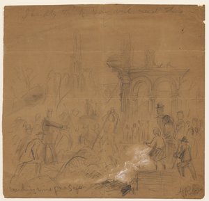 Zoeken naar een kluis in de ruïnes na de brand van Chicago in 1871 door Alfred Rudolph Waud