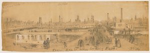 Uitzicht vanaf de Erie Street Bridge kijkend naar het oosten tijdens de brand van Chicago in 1871 door Alfred Rudolph Waud