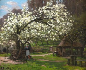 Lente, boerin onder de bloeiende bomen, ca. 1865 door Alfred Sisley