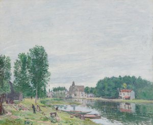 De Matrat-scheepswerf, Moret-Sur-Loing, regenachtig weer door Alfred Sisley