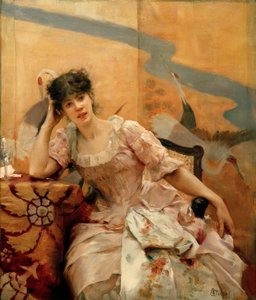 A. Stevens, Jonge vrouw en Japanse kamerscherm door Alfred Emile Stevens