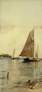 Zeilen drogen, oesterboten, Patchogue, Long Island door Alfred Thompson Bricher