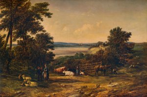 Een haven omgeven door beboste heuvels en weiden met vee, 1859, 1938 door Alfred Vickers