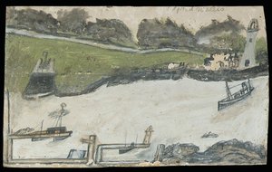 Havengezicht met kasteel en vuurtoren door Alfred Wallis