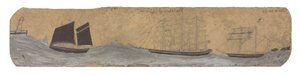 Lugger en twee kleine zeilschepen naderen haven, ca 1855-1942 (olieverf en potlood op kaart)