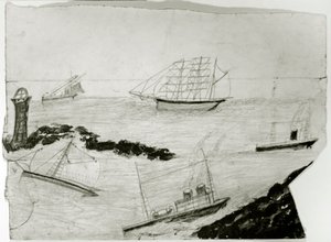 Drie zeilschepen, twee stoomschepen en Godrevy vuurtoren, ca. 1935-38 door Alfred Wallis
