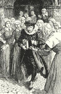 De Schotse priester William Annand veroordeeld door de vrouwen van Edinburgh voor het prediken uit het nieuwe gebedenboek in de St Giles-kathedraal, 1637 door Alfred Wallis Mills
