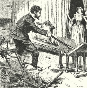 De vrouw van de Franse pottenbakker Bernard Palissy kijkt vol afschuw toe terwijl hij hun meubels kapot slaat om als brandstof voor zijn ovens te gebruiken door Alfred Wallis Mills