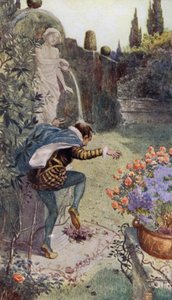 Water uit een kruik gehouden door een standbeeld in een tuin dat op het hoofd van de Franse pottenbakker Bernard Palissy stroomt door Alfred Wallis Mills