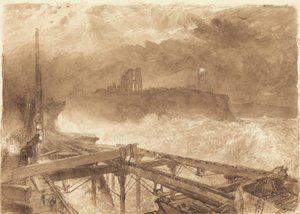 Studie voor Tynemouth Pier - Lampen Aansteken bij Zonsondergang door Alfred William Hunt