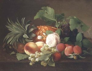 Stilleven met ananas, perziken, pruimen en druiven