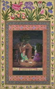 Twee oude mannen in gesprek buiten een hut, Folio uit het Davis Album door Ali Quli Jabbadar
