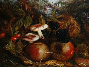 Stilleven met paddenstoelen, appels en bramen