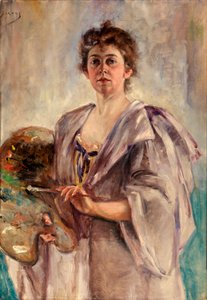 Zelfportret in schildersmantel door Alice Pike Barney