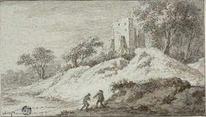 Landschap met twee figuren en kasteel op heuvel door Allaert van Everdingen