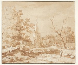 Landschap met bomen en een kerk