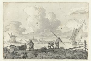 Vissers met hun roeiboot aan het Spaarne bij Haarlem door Allaert van Everdingen