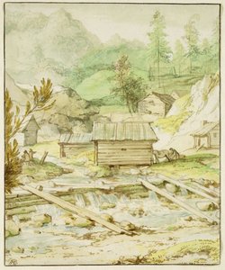 Noordelijk Landschap met Houten Hut en Stuw door Allart van Everdingen