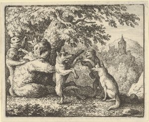 Op bevel van de leeuw wordt een stuk huid van de beer genomen, een stuk van de voorpoten..., 1650-75 door Allart van Everdingen