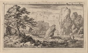 Puntige rots aan de oever van een rivier door Allart van Everdingen