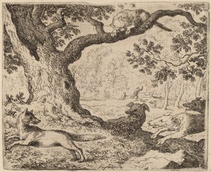 Reinaards vader en de kat achtervolgd door honden, waarschijnlijk ca. 1645-1656 door Allart van Everdingen