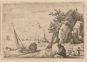 Zeegezicht met Drie Figuren aan de Rechterkant