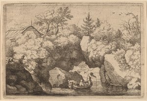 Skiff onder een gespleten rots, waarschijnlijk ca. 1645-1656 door Allart van Everdingen