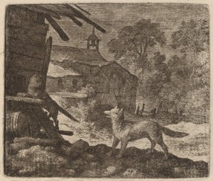 De kat betreedt de schuur terwijl Reynaert toekijkt, waarschijnlijk c. 1645-1656 door Allart van Everdingen