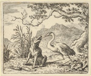 De ooievaar verwijdert een bot uit de keel van de wolf uit Hendrick van Alcmar