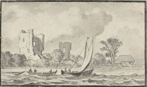 Drie boten op een rivier met ruïnes langs de oever door Allart van Everdingen