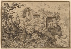 Drie Huisjes op een Rots, waarschijnlijk ca. 1645-1656 door Allart van Everdingen