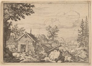 Twee mannen in de deuropening van een hut, waarschijnlijk ca. 1645-1656 door Allart van Everdingen