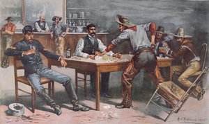 Ruzie over kaarten in een Western saloon door Allen Carter (after) Redwood