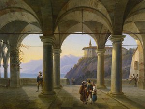 Zuilenterras met mensen en uitzicht op een bergmeer door Alois Gustav Schulz