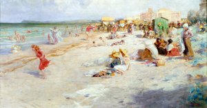 Een druk strand in de zomer