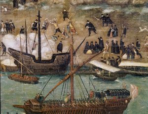 De stad Sevilla, detail van de haven (schilderij, eind 16e eeuw)