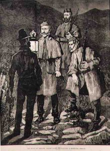 De Staat van Ierland: Politiepatrouille Daagt een Verdachte Persoon Uit, uit The Illustrated London News, 8 juni 1881