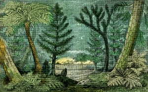 Prehistorie, periode van steenkool: Moeras en boor van de steenkoolperiode (J. Rrengade) door Alphonse Demarle