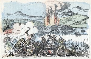 Prehistorie: oorlogsscène aan het begin van de ijzertijd, brand van de paalwoning nederzettingen Gravure uit 