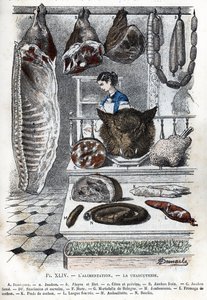 Uitzicht op een vleeswaren Een halve varkensvlees (een ham b aloyau c ribben en borst) B verse ham C gerookte ham D worsten en cerevelas F hure G mortadella uit Bologna H ham I varkenskaas K varkenspoten L gevulde tong M andouillette N bloedworst) (delicat